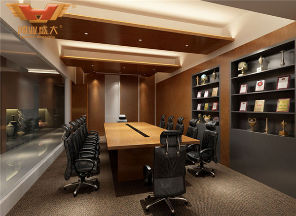 鸿业家具为深圳企业办公室设计的小会议室办公桌椅配套摆放效果图